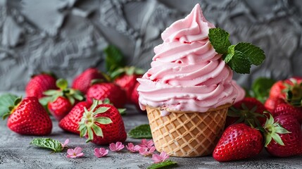   A close-up image of an ice cream cone on a gray background with strawberries surrounding it
