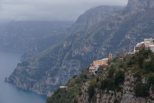 View of the rocky landscape with village Nocelle at Sentiero degli Dei or Path of the Gods at the Amalfi Coast, Province of Salerno, Campania, Italy