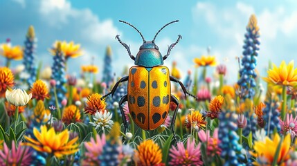   A vibrant insect perched atop a verdant meadow brimming with numerous blossoms and an azure heavens