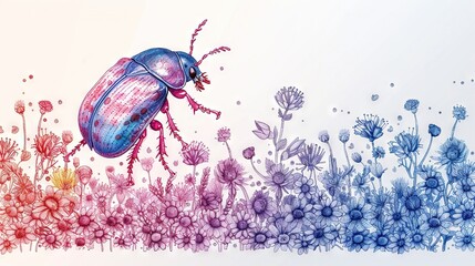   Drawing of a bug on a field of daisies