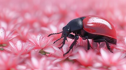   A close-up of a red and black bug on a pink flower with water droplets on its body