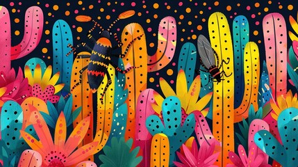   A vibrant cactus painting against a dark polka dot background, featuring a bug perched on its spine