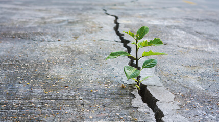 A tree sprouting from a crack in concrete, demonstrating resilience and determination