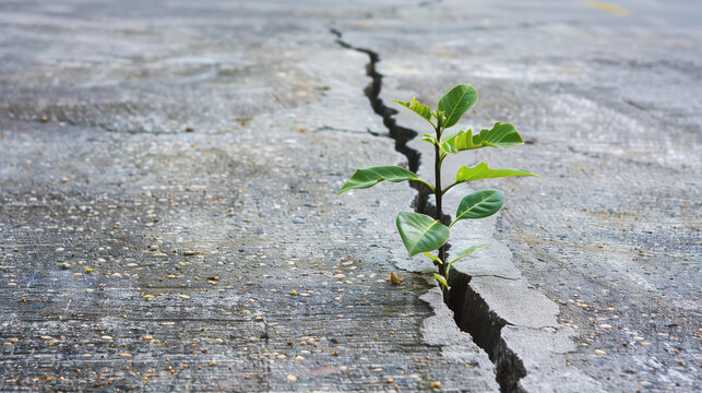 A tree sprouting from a crack in concrete, demonstrating resilience and determination