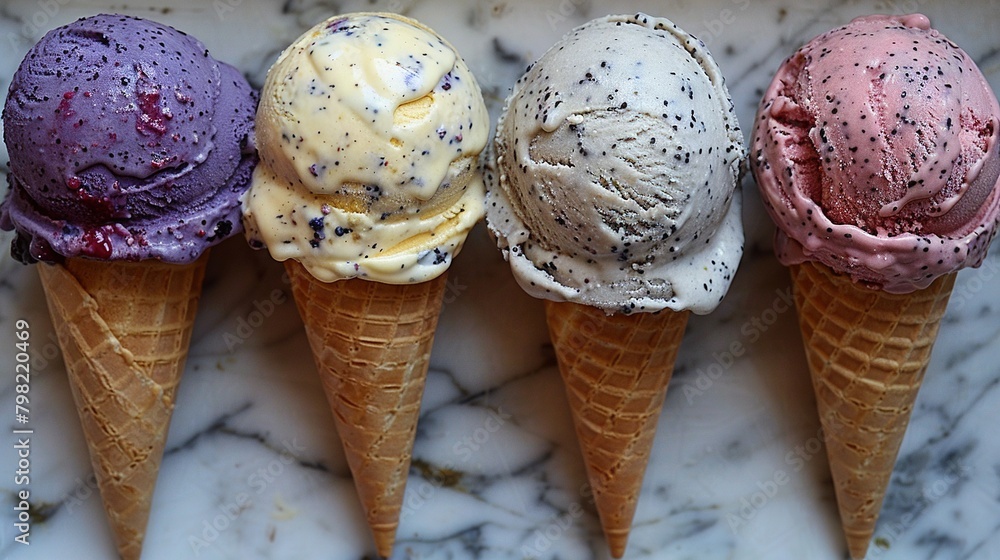 Poster five cones of ice cream are arranged neatly in a line on a smooth marble platform, framed by an eleg