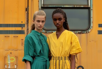 Striking Portrait of Two Young Women in Bold Fashion Against Yellow Bus Background