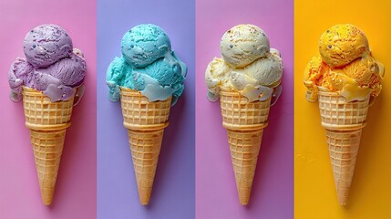   Three colorful ice cream cones on a mixed pastel backdrop, featuring distinct flavors in each cone