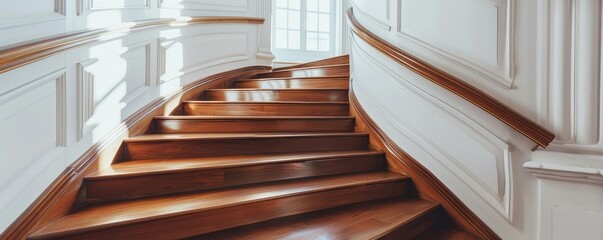 elegant spiraling staircase with beautifully crafted wooden steps and white details - obrazy, fototapety, plakaty