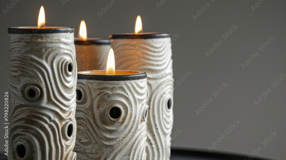 Aufkleber a trio of ceramic candle holders all with their own unique textures of swirls dots and lines making 