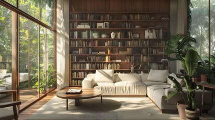 Fototapeta na wymiar A contemporary living room with minimalist decor, anchored by a sculptural bookshelf displaying a curated selection of books and decorative objects, bathed in natural light.