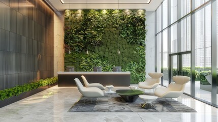 Sustainable Elegance Eco-Friendly Office Lobby with Inviting Green Wall Design Harmonizes Modernity and Nature

