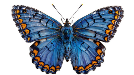 A blue butterfly with orange spots on its wings