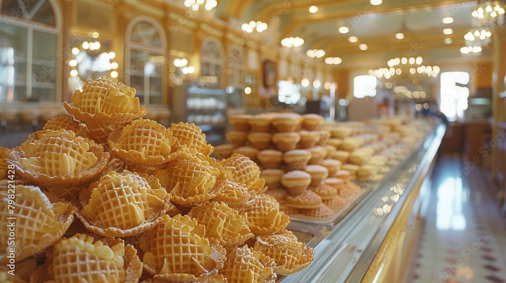 Poster a group of waffles resting on a shelf in a room with hanging chandeliers