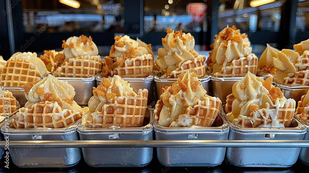 Poster a display case filled with various waffle options, each topped with creamy icing