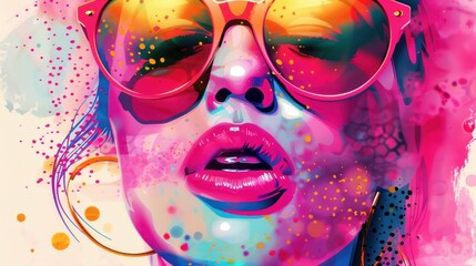 Girl's face with sunglasses and pink lips in pop art and watercolor style with dots.