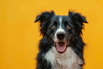 A black and white dog with a yellow background is looking at the camera with a happy look on his