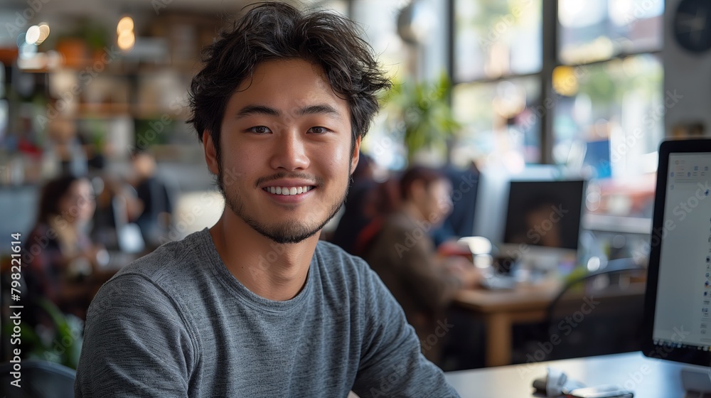 Wall mural Productive Workspace: Young Man Smiling at Computer in Coworking Hub