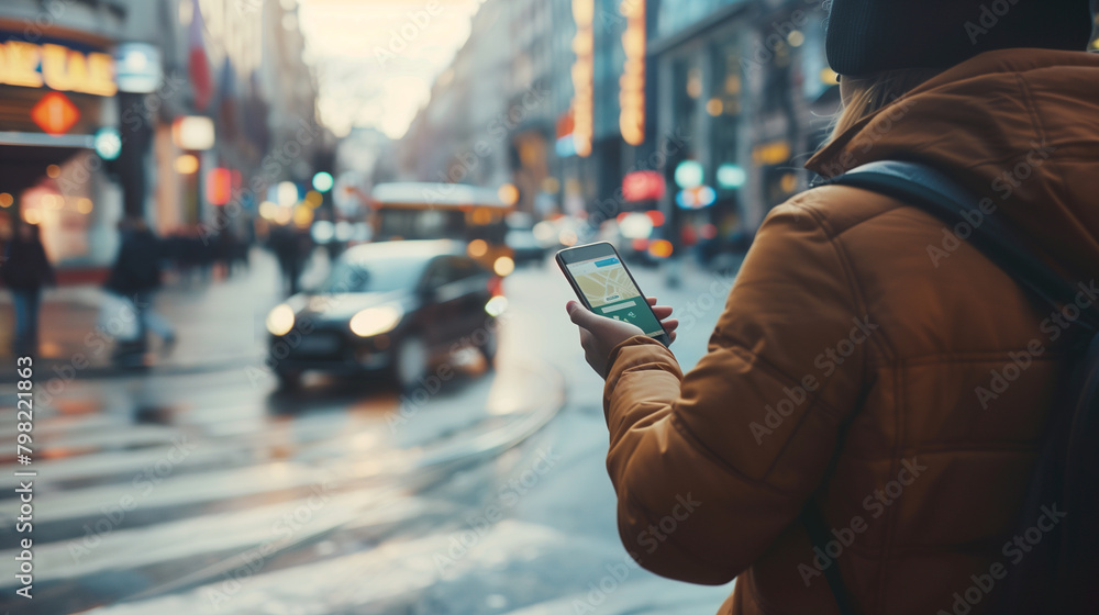 Poster a person standing on a busy street corner, using a smartphone to navigate with a gps app. the busy s