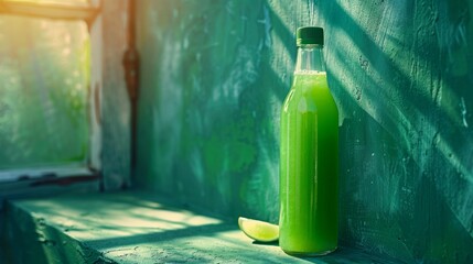 A bottle of green liquid sitting on a ledge next to lime, AI