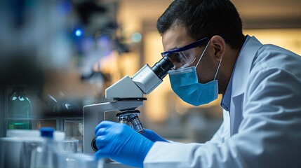 Scientist at Work: Male Researcher Using Microscope in Modern Laboratory