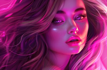 Enchanting Digital Portrait of Woman with Vivid Pink Hues and Ethereal Glow