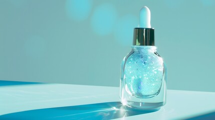 A crystal-clear glass bottle filled with luminescent liquid highlighter, glistening under soft studio lights against a baby blue pastel background.