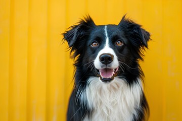 A black and white dog with a yellow background and a yellow curtain behind it is looking at the