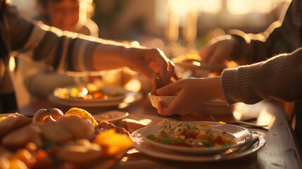 A close-up of a family table during a meal, focusing on the hands of family members of different ages passing dishes and sharing food. The background shows the blurred outlines of