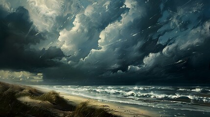 A dramatic storm rolling in over a windswept coastal plain, with dark clouds swirling overhead and waves crashing against the shore. - obrazy, fototapety, plakaty