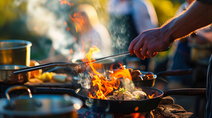 Fototapeta premium A close-up of a cooking class focused on preparing a feast using a traditional fire pit. The chef's hands are seen arranging pots and ingredients around the fire, teaching ancient
