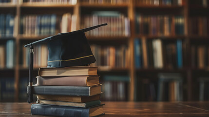 A series of books stacked high with a graduation cap on top, representing the journey of learning and achievement