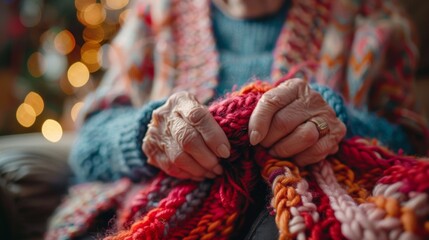 A close up of a woman holding onto some yarn, AI