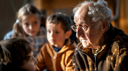 Fototapeta premium A close-up of a grandfather telling stories to captivated children and adults, focusing on his expressive face and the attentive faces of his audience, all blurred except for the s