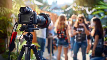 A scene from a gathering of social media influencers discussing trends. Focus on one influencer actively vlogging, with others interacting in the background blurred, reflecting the