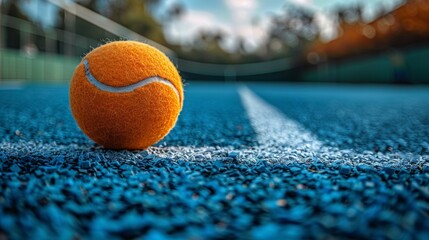 Tennis Ball Resting on Tennis Court. Generative AI - obrazy, fototapety, plakaty