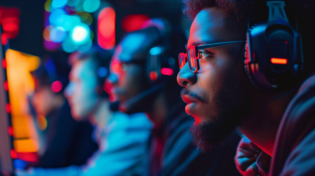Capture an intense moment at an e-sports tournament with a diverse team strategizing. Focus on the team leader's face, with teammates and the vibrant screens blurred, highlighting - Powered by Adobe