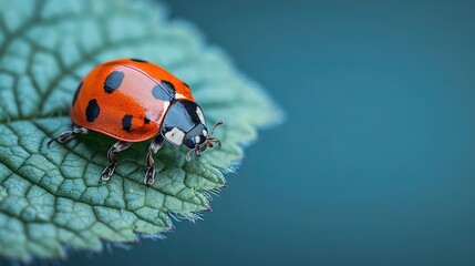 Fototapeta premium A sharp image of a tiny orange and black insect perched on a verdant foliage against a clear azure sky