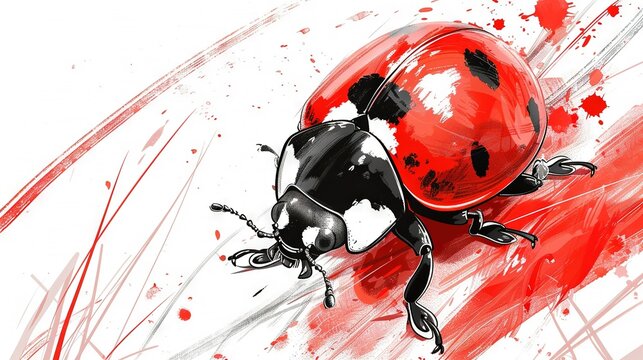   A white background with a ladybug drawn in red paint splatters on the lower half