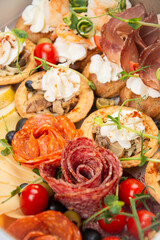 Meat snacks with cream cheese, vegetables and salami close-up