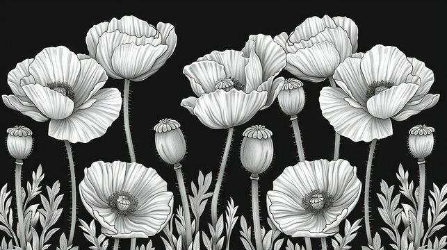  A monochromatic illustration depicts a cluster of blooms with a focal point bee atop the central flower, set against a dark backdrop