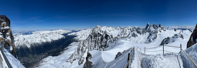 Haute-Savoie, France, 04-25-2024: off ski slope from L’Aiguille du Midi (Needle at midday), the...