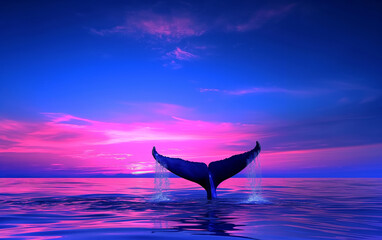 Whale tail peeking out of the purple ocean water, psychedelic art