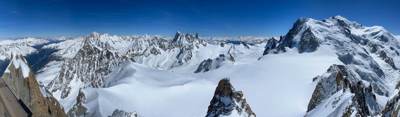 Haute-Savoie, France, 04-25-2024: panoramic view from L’Aiguille du Midi (Needle at midday), the...