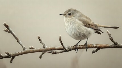   A little bird perched on a tree branch with snow covering its limbs, against a warm brown backdrop