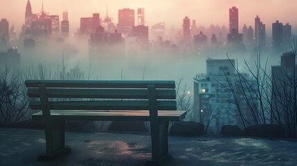 A lone bench overlooking a peaceful, pastel-colored city skyline.