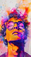 Guy's face with glasses in pop art and watercolor style with dots.