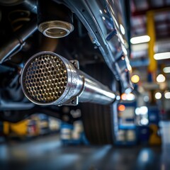 Fototapeta premium Medium shot of a car's catalytic converter during maintenance, detailed focus on technology, garage setting
