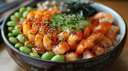   A detailed image of a bowl of mixed vegetables including shrimp, broccoli, peas, and cucumbers