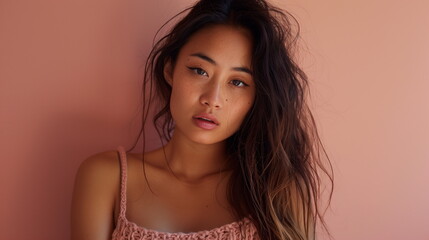 ニットセーターを着た若いファッションモデルの女性