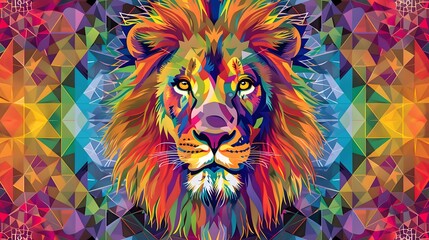 A majestic lion formed from intersecting triangles, its mane flowing in vibrant hues against a kaleidoscopic backdrop of geometric patterns. - obrazy, fototapety, plakaty